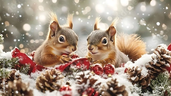 Fototapeta there are two squirrels sitting on a pile of pine cones
