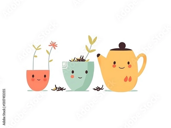 Fototapeta there are three pots with plants in them and a teapot with a face