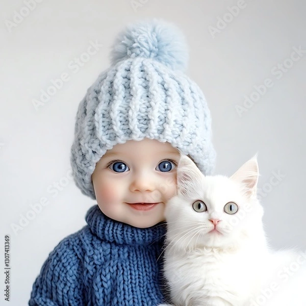 Fototapeta there is a baby and a cat that are wearing hats