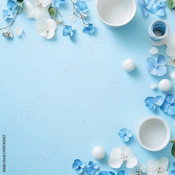 Fototapeta there are two bowls of cream and a few flowers on a blue background