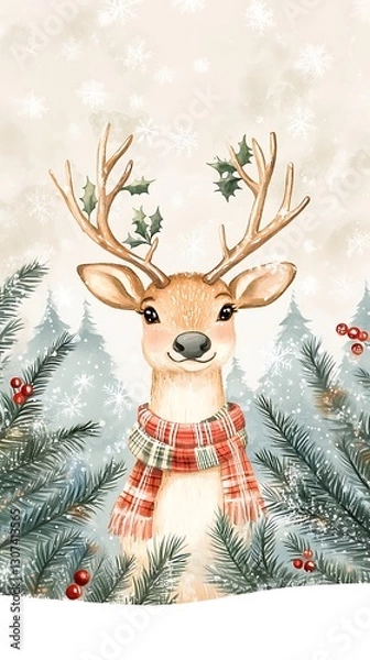 Fototapeta there is a deer with a scarf and holly leaves on it
