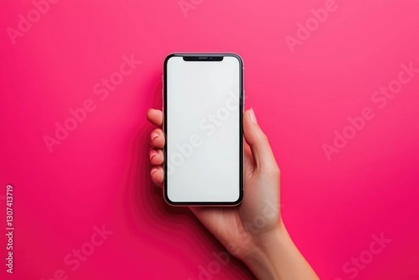 Fototapeta A woman's hand holding a smartphone with a blank white screen against a bold pink background. Ideal for app design, digital marketing, and product mockups