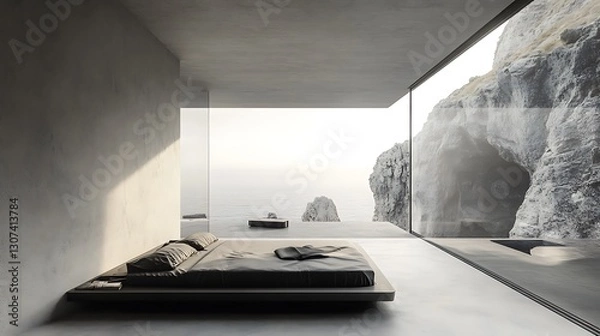 Fototapeta there is a bed that is in a room with a view of the ocean