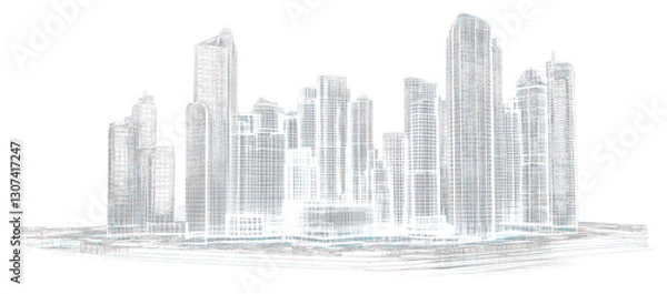 Fototapeta PNG Glowing wireframe of buildings architecture futuristic urban.