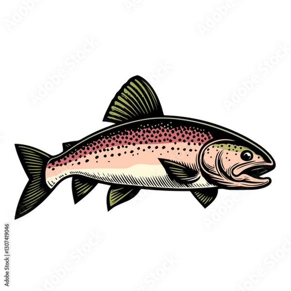 Fototapeta Rainbow trout fishing illustration  vector image. Vector Cartoon fish. Design element , label, sign, emblem, t-shirt. Fishing theme.