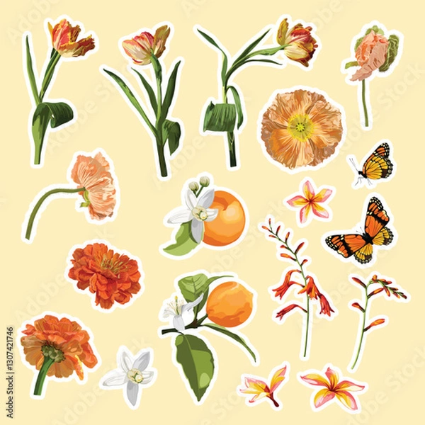 Obraz Set of orange garden flowers, butterfly, citrus fruits elements. Set of stickers, pins, patches and handwritten notes collection stikers kit.