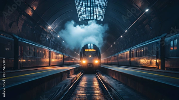 Fototapeta Train Arrival at Station underground with smoke and tunnel view