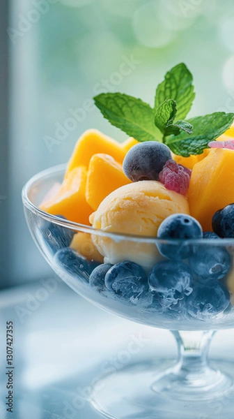 Obraz Mango and blueberry ice cream dessert. A glass dish filled with creamy mango ice cream, fresh mango slices, frozen blueberries, and mint leaves, creating a refreshing and colorful treat.