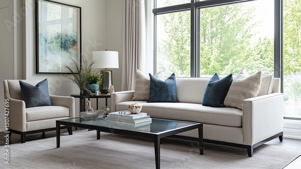 Obraz Modern Minimalist Living Room. A bright and elegant living space featuring a neutral color palette with deep blue accents. The room is furnished with a sleek white sofa, a matching armchair, and a sty