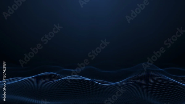 Fototapeta Abstract glowing digital blue wave made of particles and dots moves on a blue background, cyber, big data visualization, futuristic and technological, 3D, 4K,