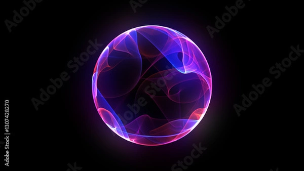 Fototapeta Purple laser sphere. Glowing ball of pink and blue particles. Magenta purple orb on isolated background. Neon futuristic 3d sphere. Bright glowing energy sphere. Artificial Intelligence