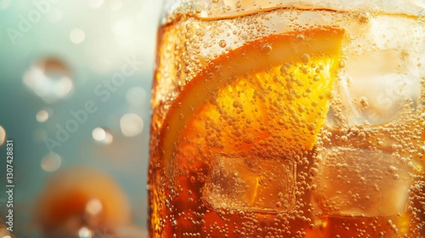 Obraz Vibrant Aperol Spritz close-up. A refreshing cocktail with sparkling bubbles rising around a juicy orange slice and ice cubes, capturing the essence of summer in a chilled glass.