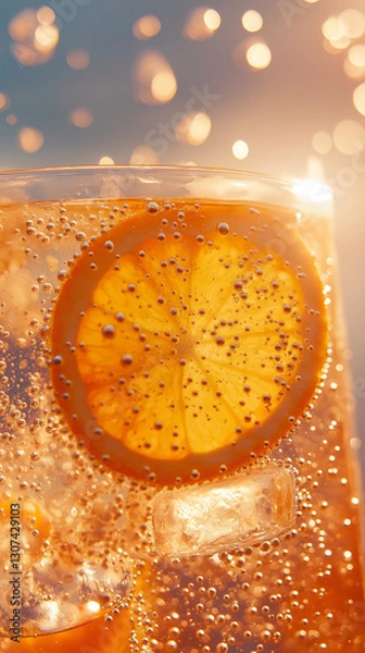 Obraz Vibrant Aperol Spritz close-up. A refreshing cocktail with sparkling bubbles rising around a juicy orange slice and ice cubes, capturing the essence of summer in a chilled glass.