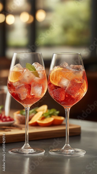 Obraz Elegant Aperol Spritz Duo. Two glasses filled with a vibrant Aperol Spritz, garnished with fresh orange slices and mint leaves, set against a cozy, softly lit background. A perfect drink for a refresh