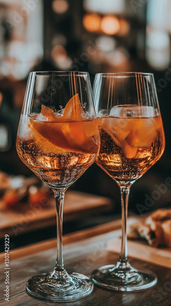Obraz Elegant Aperol Spritz Duo. Two glasses filled with a vibrant Aperol Spritz, garnished with fresh orange slices and mint leaves, set against a cozy, softly lit background. A perfect drink for a refresh