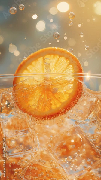 Obraz Vibrant Aperol Spritz close-up. A refreshing cocktail with sparkling bubbles rising around a juicy orange slice and ice cubes, capturing the essence of summer in a chilled glass.