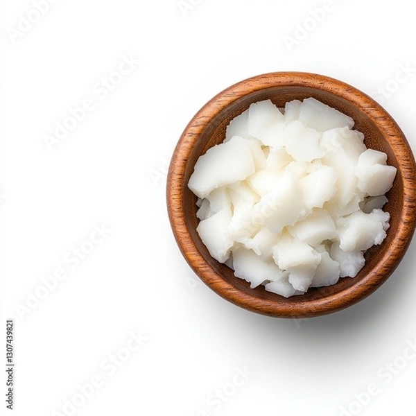 Obraz White Shea Butter Chunks in Dark Brown Wooden Bowl on White Background