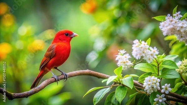 Fototapeta A vibrant red bird perched on a thin tree branch with leaves and flowers surrounding it in a lush green forest setting , avian photography, wildlife nature