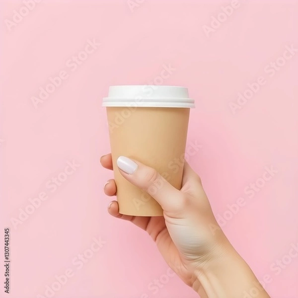 Obraz Coffee cup, hand holding, disposable, cardboard, white lid, pastel pink background, minimalist, clean aesthetic, soft lighting, square composition