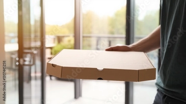 Obraz A close-up of a hand holding two stacked pizza boxes, ready for delivery. The image captures the simplicity and anticipation of receiving a fresh meal. Perfect for food delivery themes