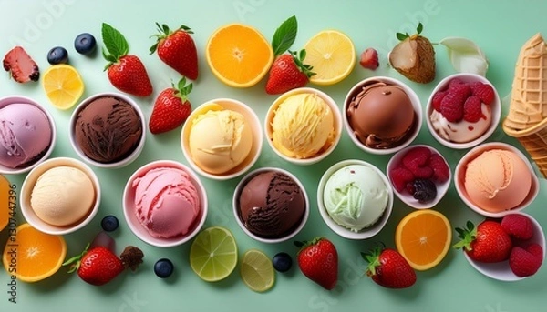 Obraz abstract panoramic banner of various kinds of the ice cream with fruits for ice cream parlor or advertisement