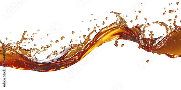 Fototapeta Golden brown liquid splash with dynamic wave motion, high-speed fluid effect, isolated on transparent background, perfect for beverage, coffee, or whiskey advertisement
