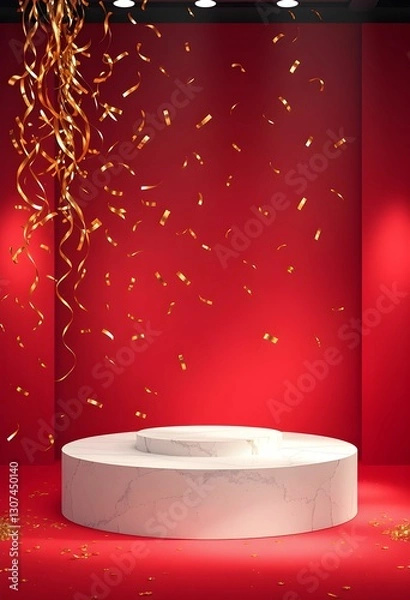 Fototapeta White marble pedestal, red backdrop, golden confetti falling, product display, studio lighting, minimalist setup, festive atmosphere