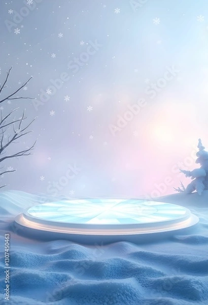 Obraz Glowing white circular podium, multiple tiers, soft pink and blue misty background, sparkling stars, dreamy atmosphere, ethereal lighting, foggy ground, product display stand