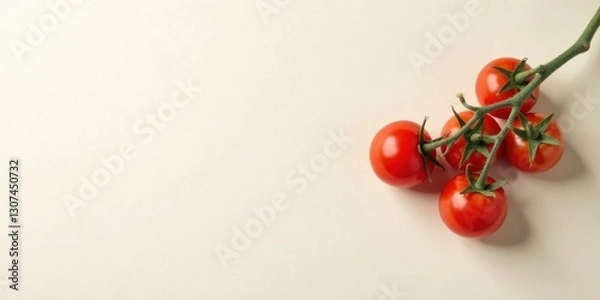 Fototapeta A cluster of ripe red cherry tomatoes on the vine, arranged on a neutral background, offering a simple yet vibrant image perfect for culinary or agricultural applications.
