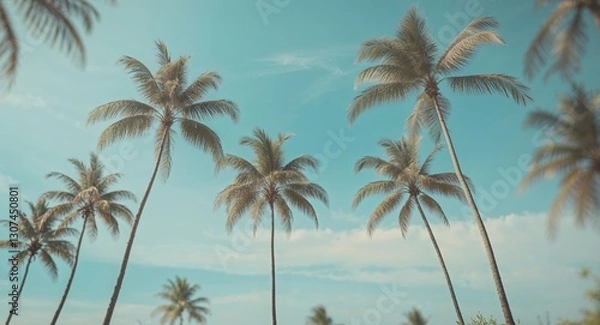 Fototapeta tropical palm trees azure sky summer vintage landscape