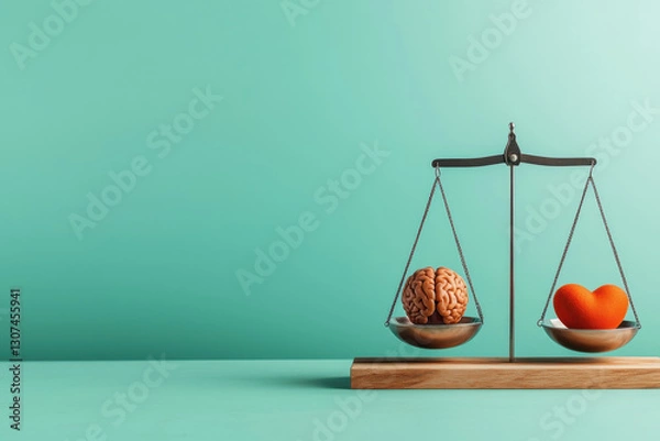 Fototapeta creative depiction of mental health balance showing brain and heart on scale, symbolizing emotional and rational equilibrium