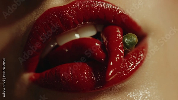 Fototapeta Glossy red lips biting a hot chili pepper, creating a bold and seductive visual.