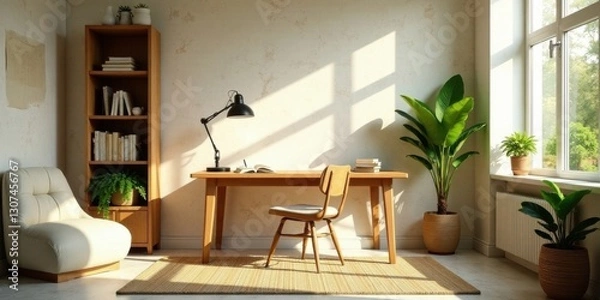 Fototapeta Sunlight streams into a home office, illuminating a wooden desk, chair, bookcase, and potted plants, creating a serene and productive workspace