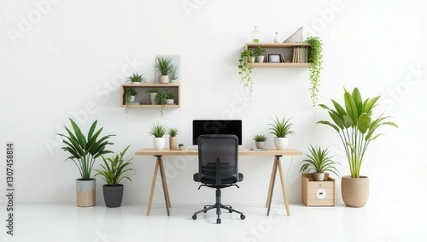 Obraz Modern Workspace with Plants, White Walls