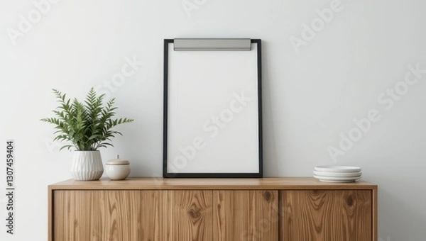 Fototapeta Empty Frame on Wooden Cabinet, Interior