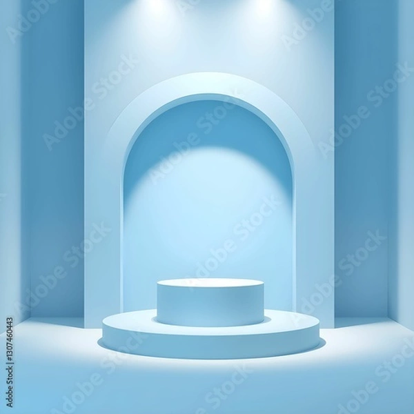 Obraz Minimalist product display, Pale blue arched interior, White circular podium, Soft diffused lighting, Clean geometric shapes, Monochromatic color scheme, Empty showcase, Modern architectural design