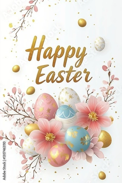Obraz An Easter poster with "Happy Easter" in golden text, surrounded by pastel - colored eggs with gold accents and blooming flowers, exudes festive charm.