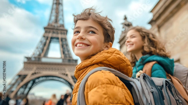 Fototapeta Smiling caucasian children enjoying paris by the eiffel tower