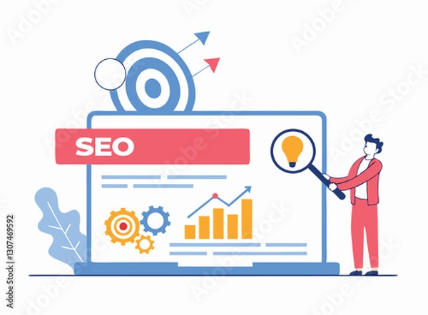 Obraz Change SEO ranking position. Search screen page with magnifier . Vector illustration flat design style. SEO, Search Engine Optimization, Top ranking Concept, Flat Vector