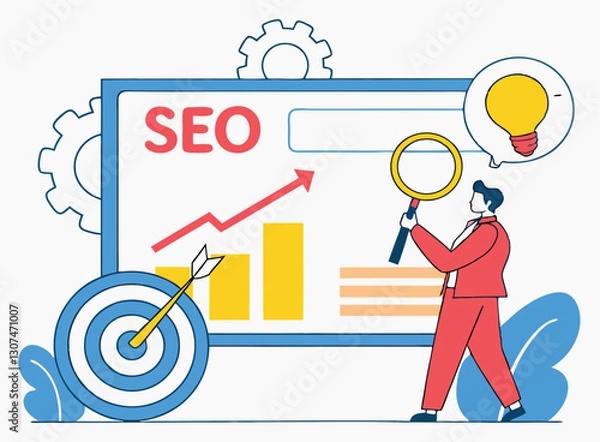 Fototapeta Change SEO ranking position. Search screen page with magnifier . Vector illustration flat design style. SEO, Search Engine Optimization, Top ranking Concept, Flat Vector