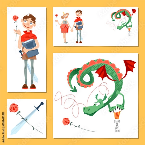 Fototapeta Set of universal cards with princess, knight and dragon. Diada de Sant Jordi (the Saint George’s Day). Template. Vector illustration
