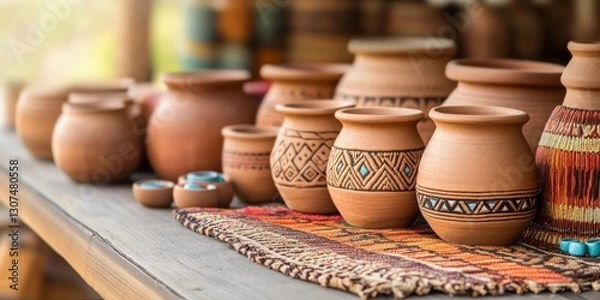 Fototapeta Traditional Native American Handcrafted Clay Pottery with Ethnic Patterns at Southwestern Artisan Market