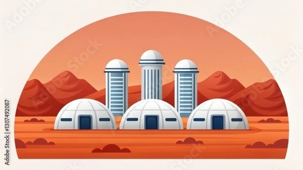 Obraz futuristic martian colony. The illustration depicts a group of geodesic domes and cylindrical structures, surrounded by rusty red landscape.