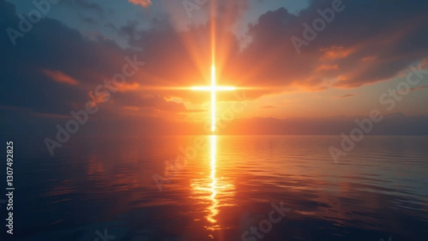 Fototapeta "A serene ocean sunset featuring a radiant sun with cross silhouette casting on water."