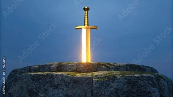 Fototapeta a gleaming sword stands embedded in a stone with magical golden light around. The legendary sword represents power, courage, and destiny
