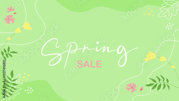 Obraz Spring banner. Lettering spring sale with leaf and flowers. Template for greeting card, invitation, logotype, typography icon. Modern banner background with tropical leaves and text in spring colors