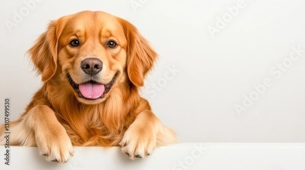 Fototapeta A cheerful golden retriever peeks over a white surface, showcasing its friendly demeanor, This image is perfect for pet-related content, advertising, or social media posts highlighting companionship,