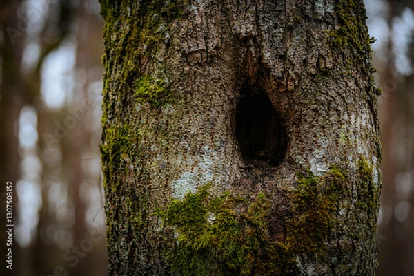Fototapeta A close-up of a tree trunk covered in vibrant green moss, growing around natural holes in the bark. The textured surface contrasts with the blurred forest background, creating a serene woodland scene.