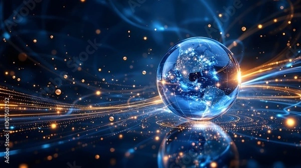 Fototapeta Digital Earth Globe with Glowing Lines and Reflections, Global Communication