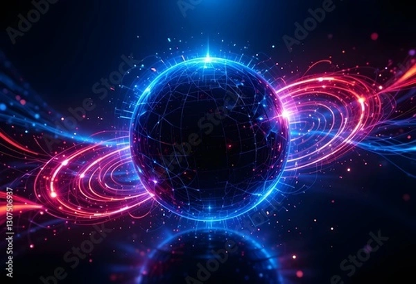 Fototapeta Abstract Network Sphere with Glowing Lines and Reflections, Digital Technology